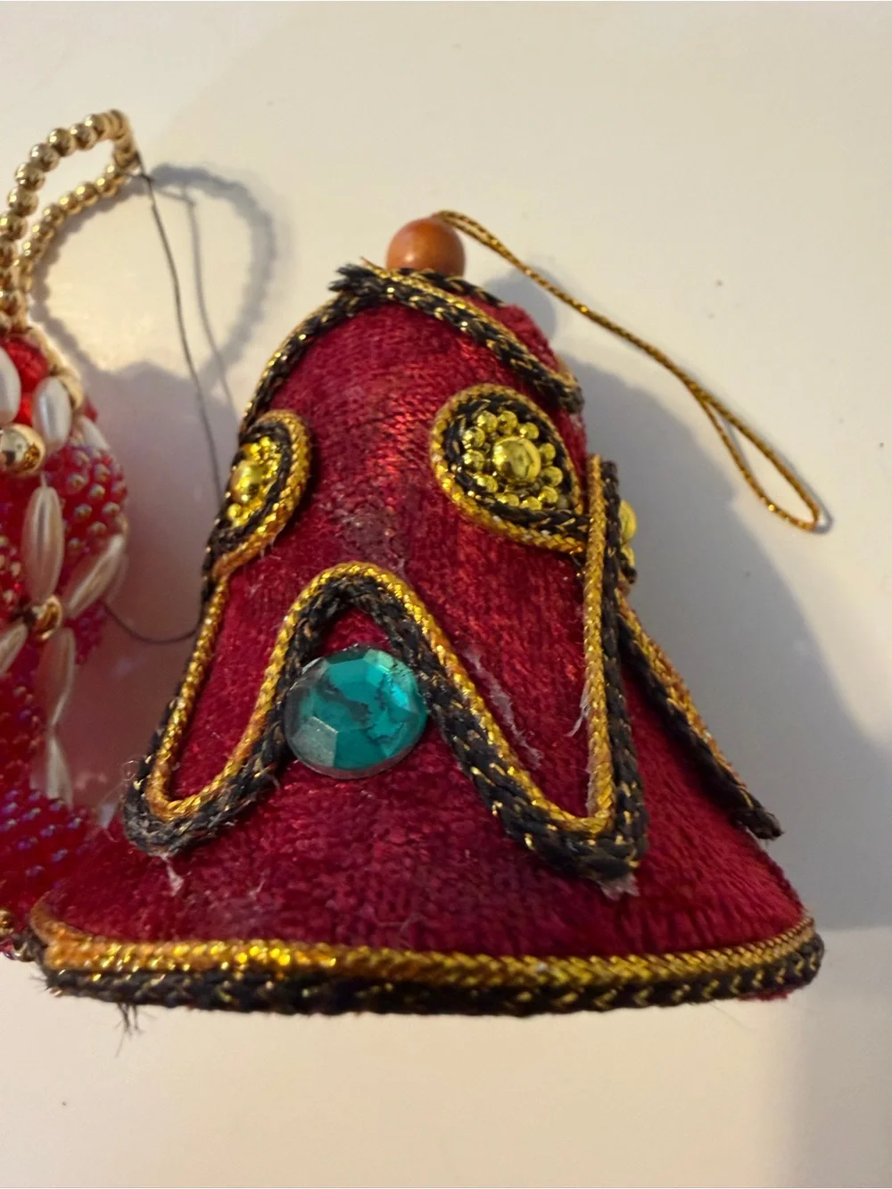 Vintage Christmas Beaded Velvet Bell Bauble Ornaments Small Red Set Of 2 Hanging